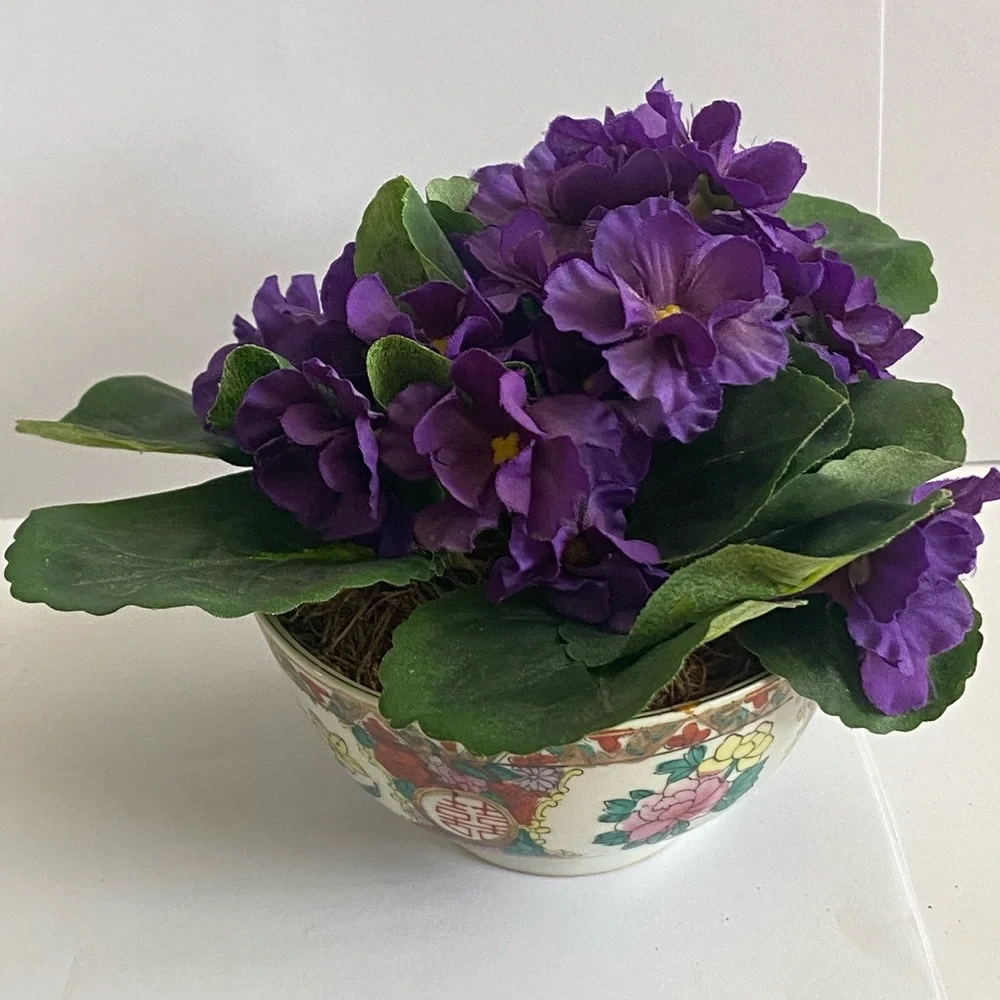 Artificial Purple African Violet in Hand Painted Ceramic Oriental Design Planter